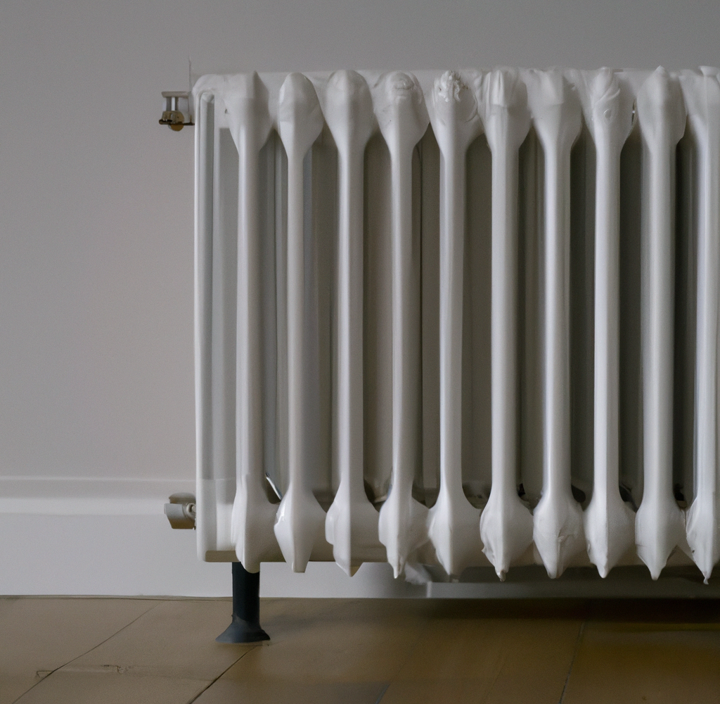 A radiator against a clear wall and a wood floor